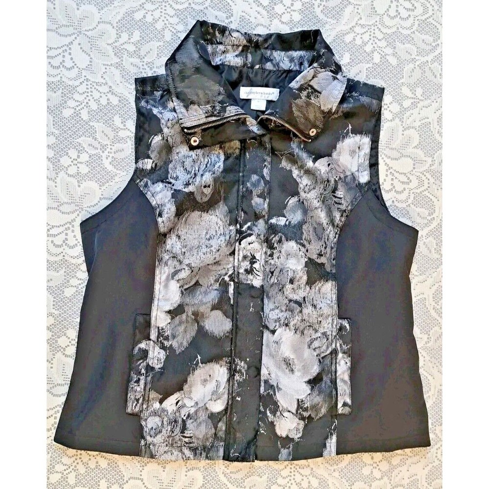 Christopher & Banks Vest Women's M Full Zipper Black Silver‎ Abstract Metallic